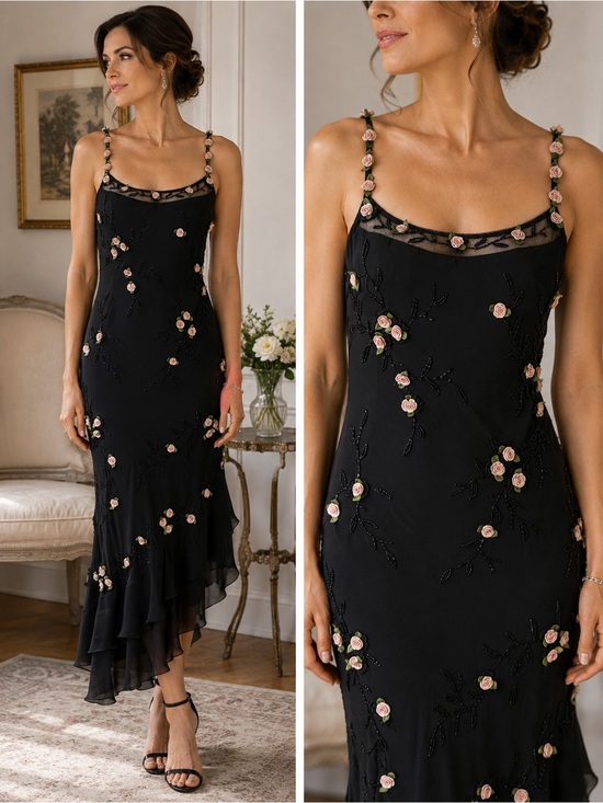 Sue Wong Dresses & Skirts - Sue Wong Vintage "Rare" Black Silk Floral Rosette Beaded Dress Size 6 Romantic